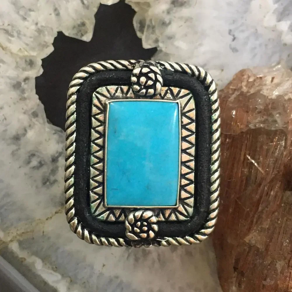 Carolyn Pollack Sterling Rectangle Turquoise Decorated Ring Size 8 For Women